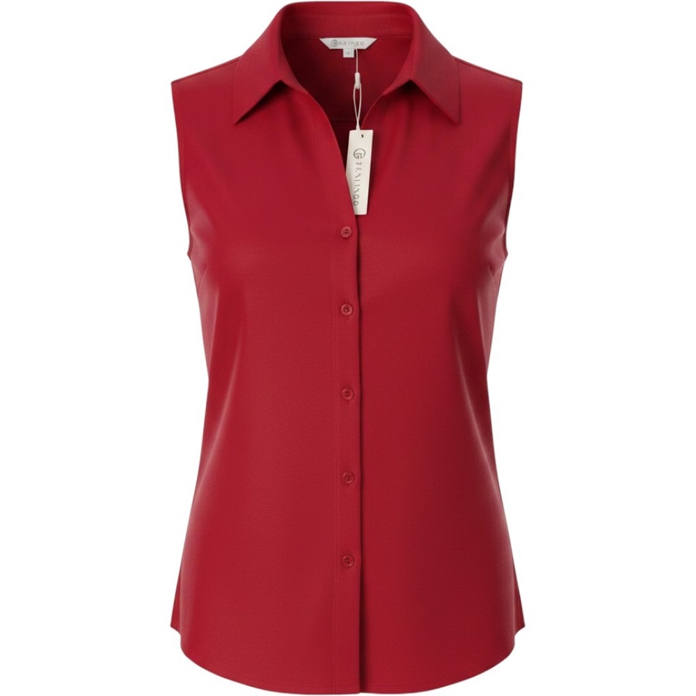 Funlingo Sleeveless Blouse Women M Red New Satin Button Down Collared Top